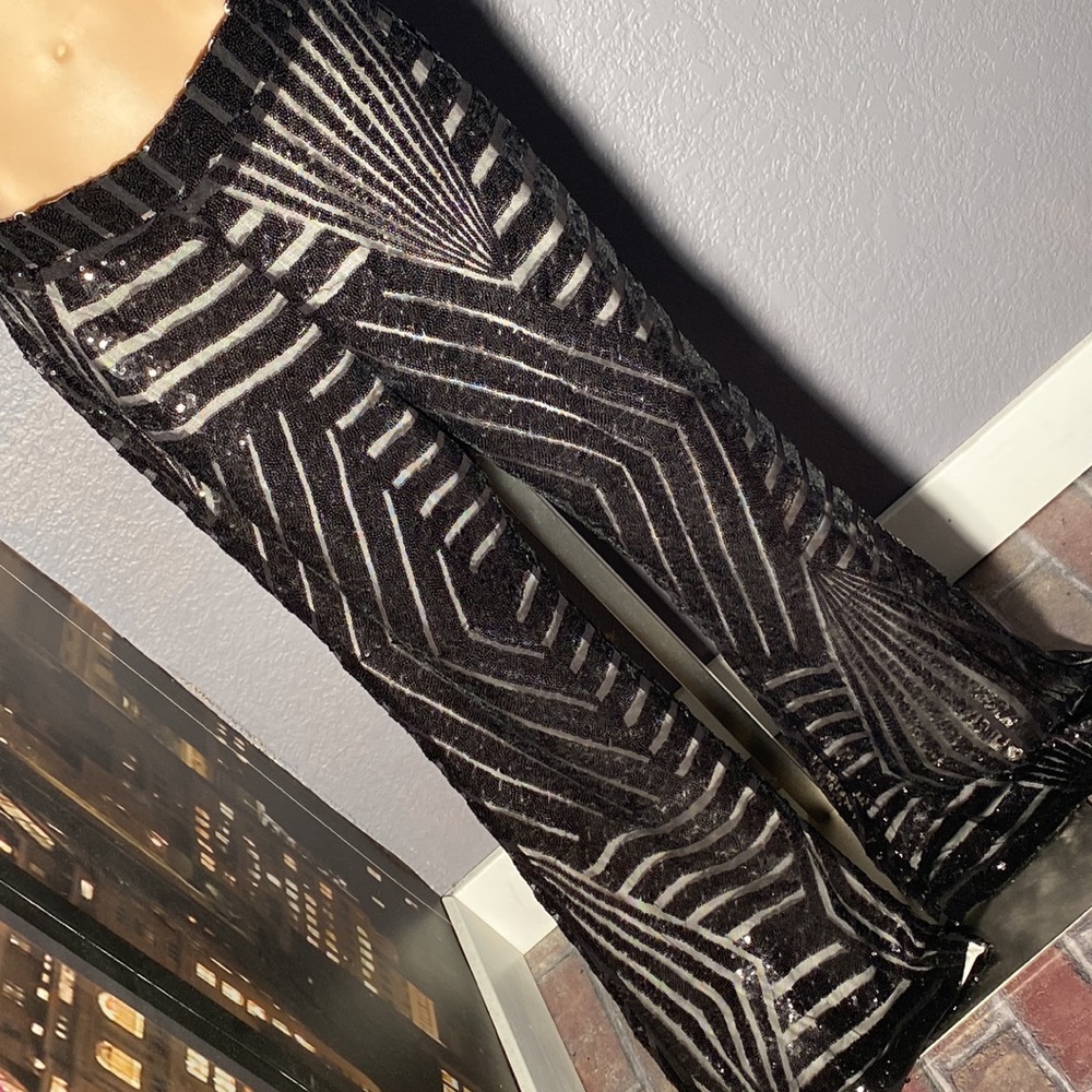 BEAUTIFUL!!- flare pants w mesh sequin design, cream lining, elastic waist - L